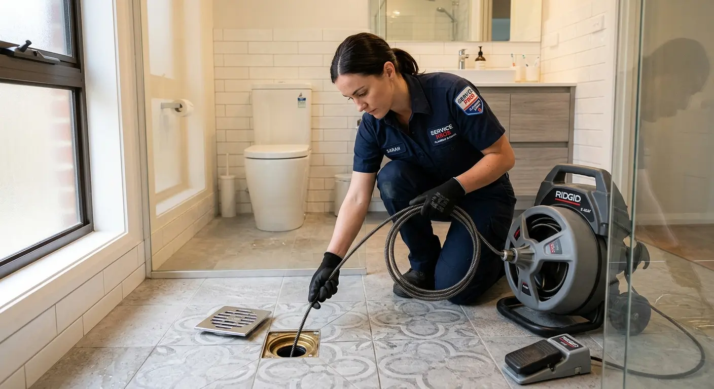 Technician clearing a bathroom floor drain for Hydro Jetting in Friendly